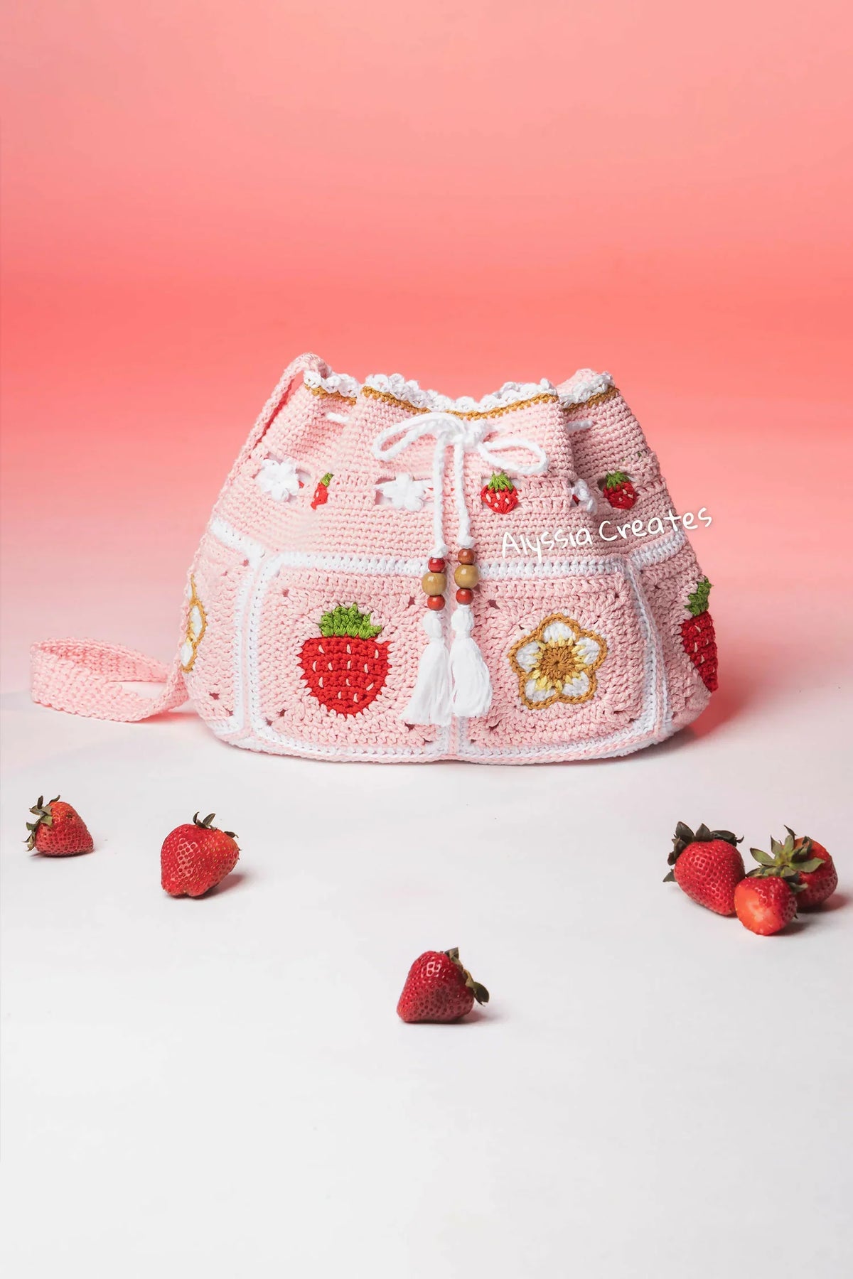 Strawberry Drawstring Crossbody Bag (Crochet)